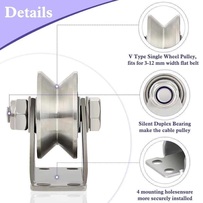 Spuspk V Type Groove Wheel Pulley Stainless Steel Pulley Block Super Silent Single,Pulley Block for DIY Gym Equipment,Sliding Gate Detachable Duplex Bearing with Mounting Screws and Expansion Pipes - Image 2